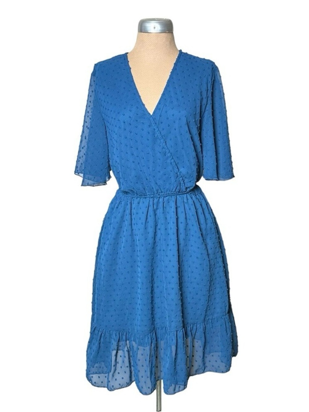 Blue Swiss Dot V-Neck Wrap Dress